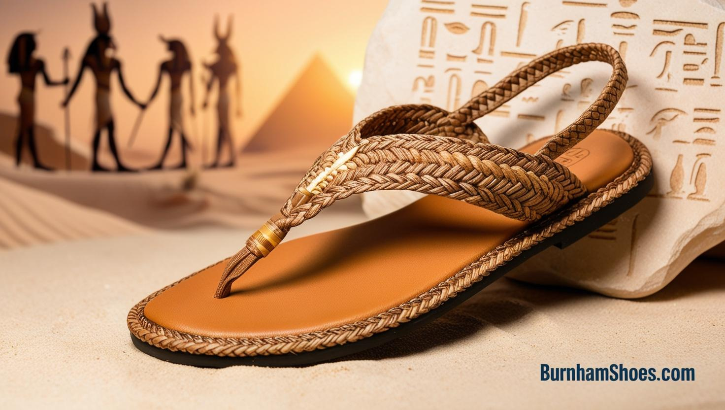 A close up of a beautifully crafted toe loop sandal inspired by ancient Egyptian