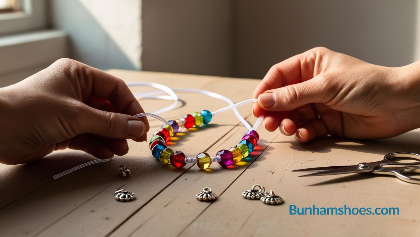 A close up of hands skillfully threading colorful beads onto an elastic cord