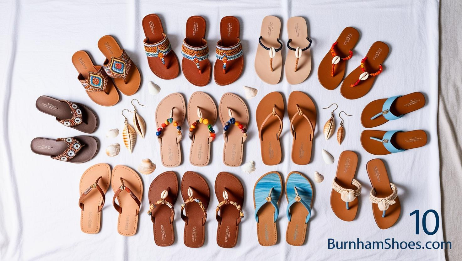 A display of various styles of barefoot sandals laid out on a white fabric surface 1