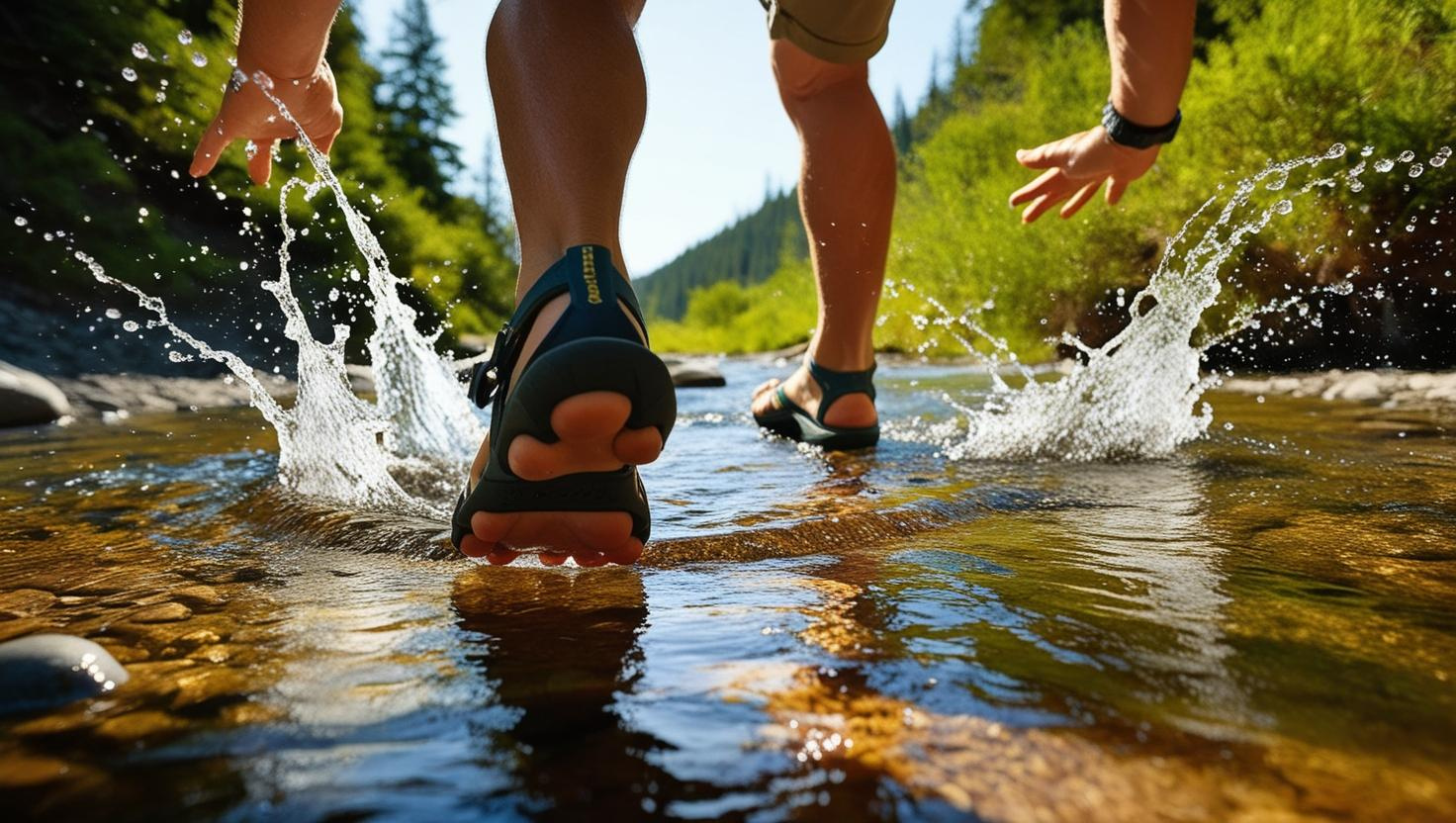A dynamic shot of a hiker jumping effortlessly over a small stream while wearing barefoot hiking sandals. The scene exudes lightness and freedom with splashes of water glistening in the sunlight