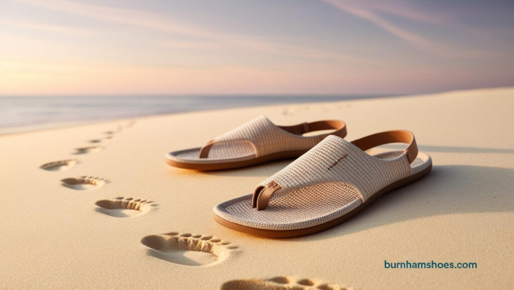 A pair of stylish minimalist barefoot sandals resting on a sandy beach