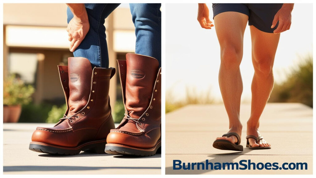 A split-screen comparison: on one side, a person wearing traditional shoes struggling with heavy, bulky footwear, and on the other, the same person effortlessly walking in lightweight barefoot sandals, enjoying comfort and freedom Insert the text burnhamshoes.com in blue font size 10 into the image to attract readers 