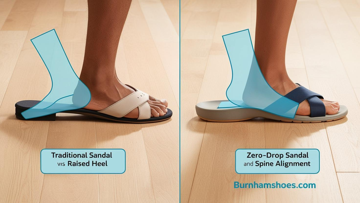 A split screen image comparing a traditional sandal