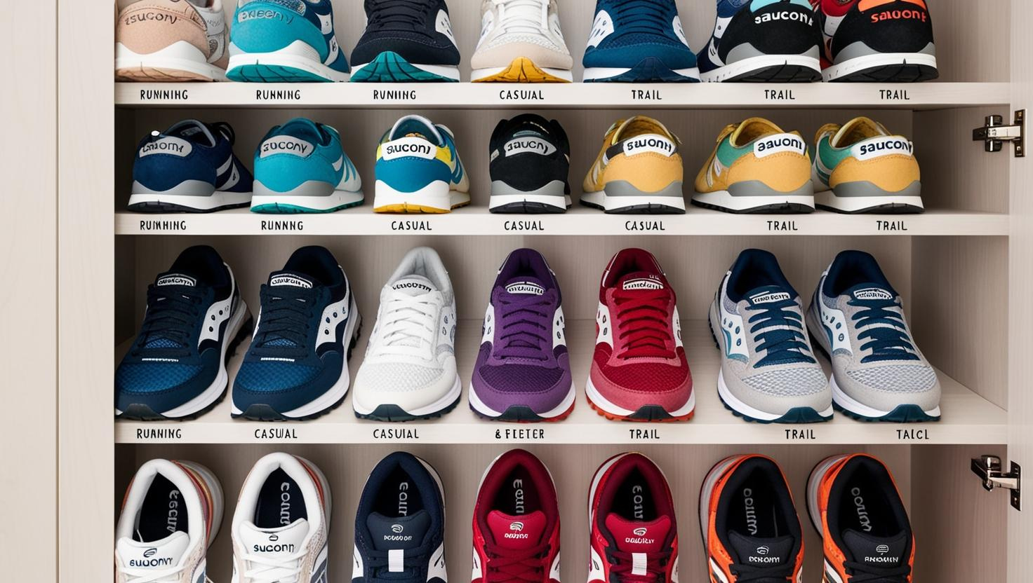 An overhead shot of a minimalist closet showcasing Saucony sneakers