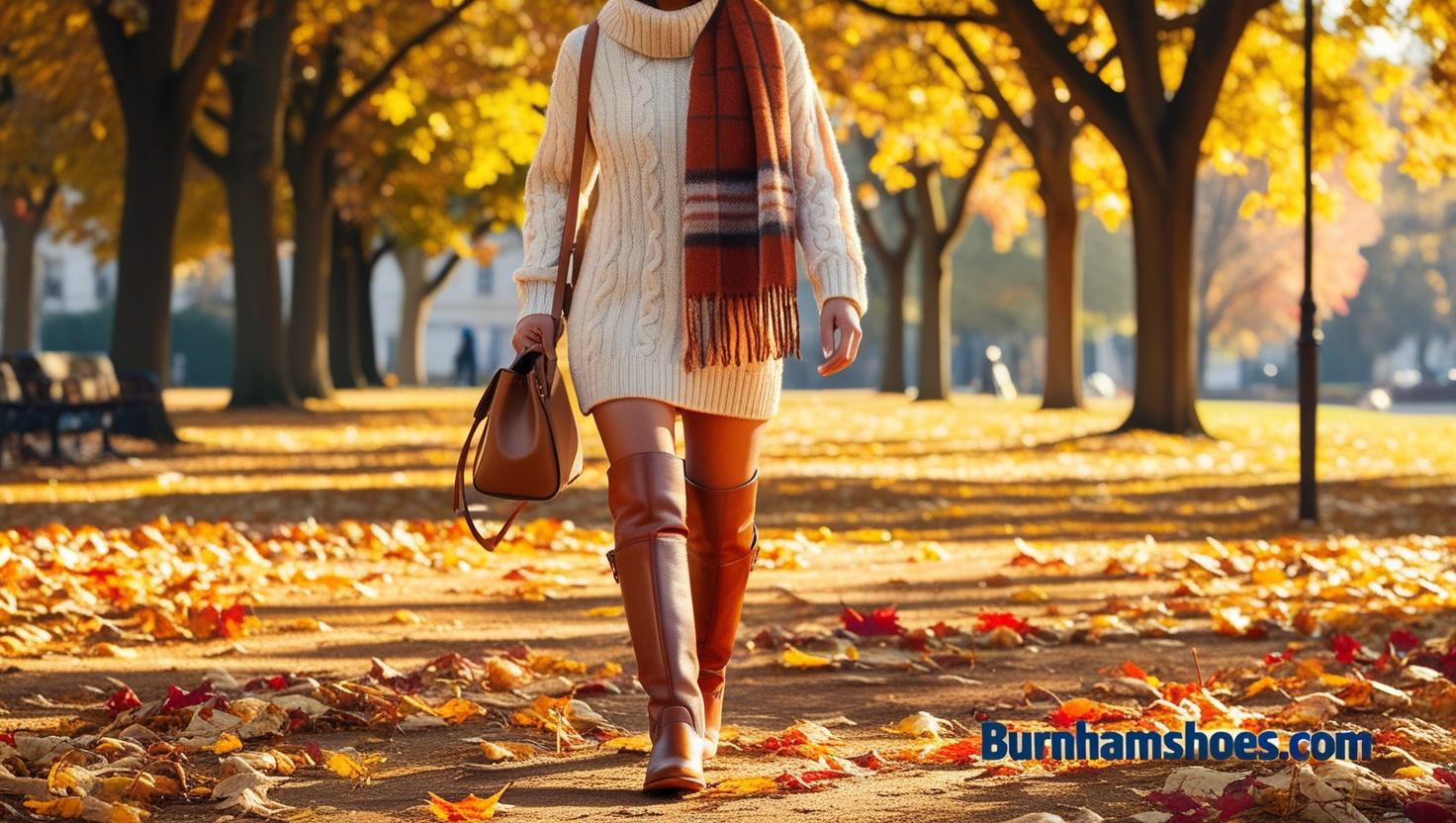 Create a stylish fall inspired scene featuring knee high leather boots in earthy tones paired with a plaid scarf and a cozy sweater