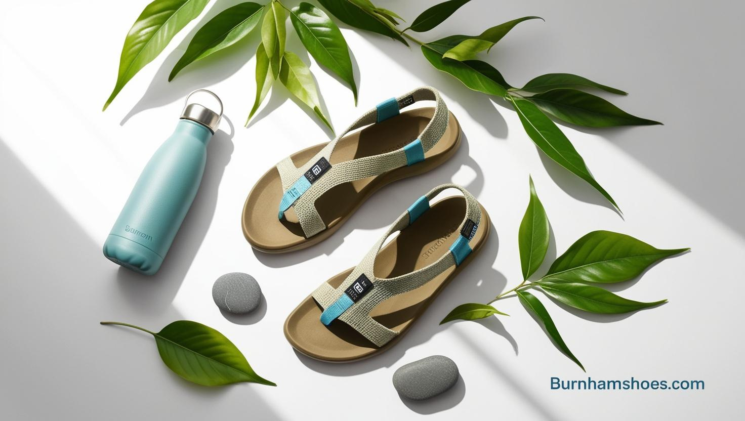 eco friendly materials surrounded by leaves pebbles and a reusable water bottle