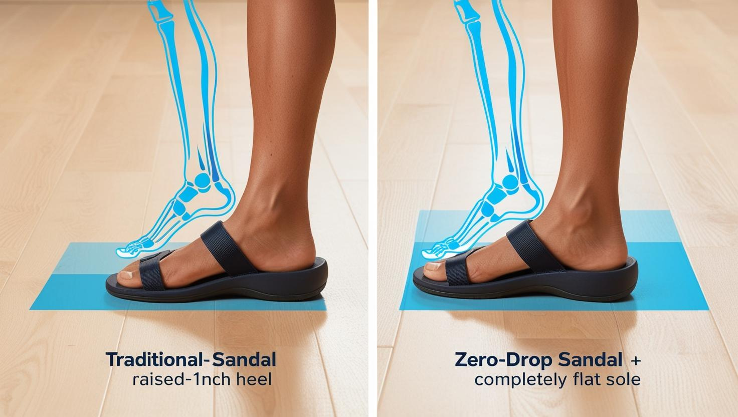 wearing colorful zero drop sandals while walking along a sandy beach at sunset