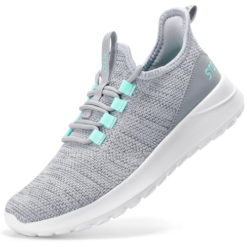 STQ Womens Slip On Sneakers Hands Free Breathable Orthopedic Tennis Walking Shoes Plantar Fasciitis Workout Gym Cross Training Sneaker Grey Teal 7