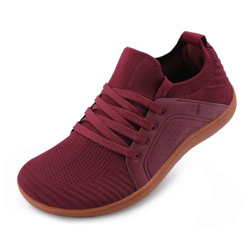 LeIsfIt Barefoot Shoes Women Wide Toe Walking Shoes Breathable Minimalist Shoes Zero Drop Sole Dark Red Size 10